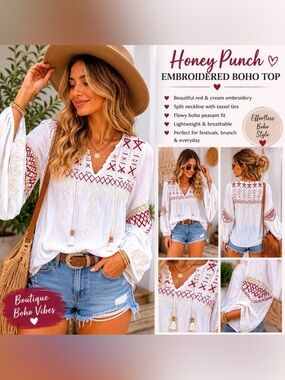 Honey Punch Embroidered Boho Peasant Top White Red Tassel Tie Festival Blouse Sm